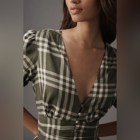By Anthropologie Katerina Button Front Puff Sleeve Green Plaid Maxi Dress size L - Picture 4 of 9